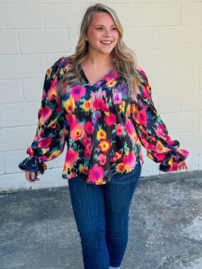 Haptics Women's Black Multicolor Floral V-Neck Blouse